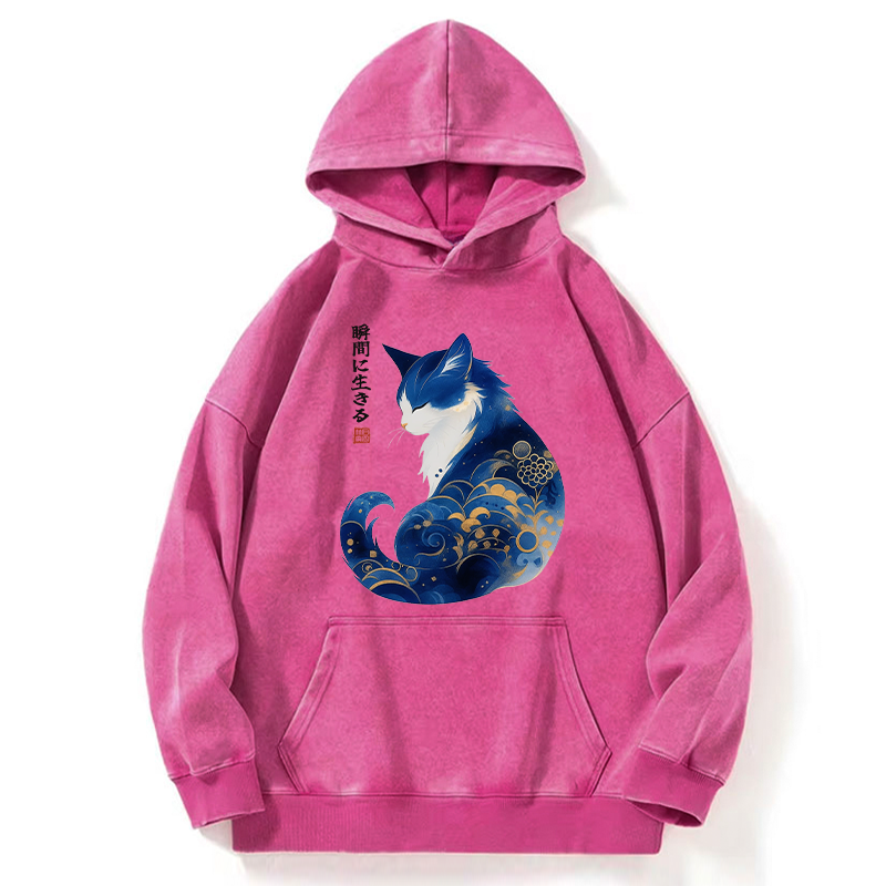 Tokyo-Tiger Retro Zen Cat: Living the Present Washed Hoodie