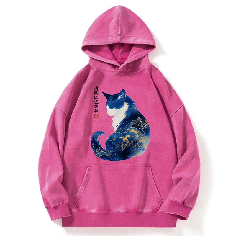 Tokyo-Tiger Retro Zen Cat: Living the Present Washed Hoodie