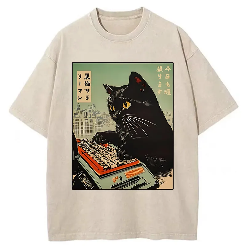 Tokyo-Tiger Cat Typing Washed T-Shirt