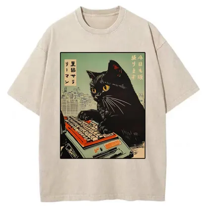 Tokyo-Tiger Cat Typing Washed T-Shirt