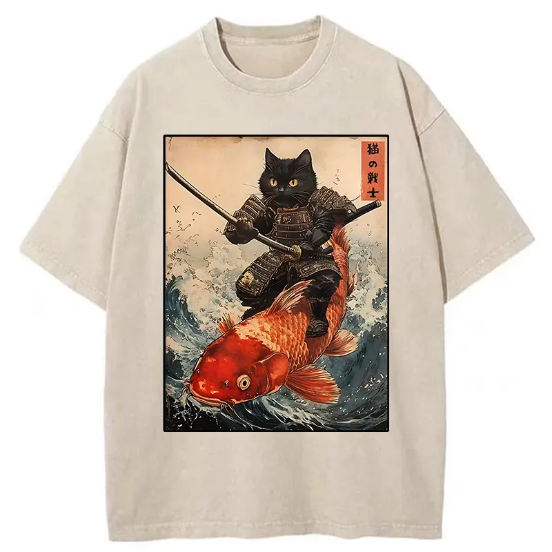 Tokyo-Tiger Cat Samurai Rides Koi Carp Washed T-Shirt