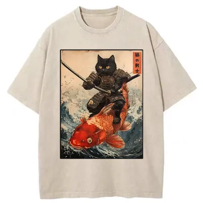Tokyo-Tiger Cat Samurai Rides Koi Carp Washed T-Shirt