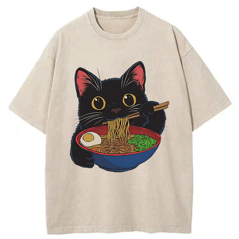 Tokyo-Tiger Black Cat Ate Japan Ramen Washed T-Shirt