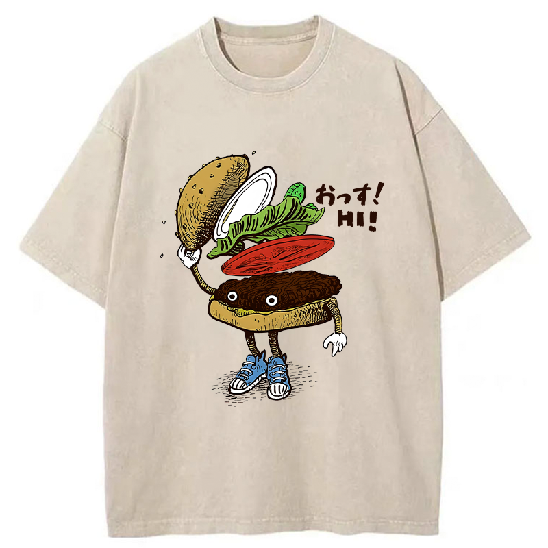 Tokyo-Tiger Hamburger That Says Hello Washed T-Shirt