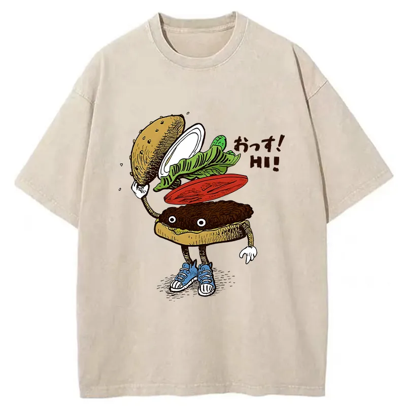 Tokyo-Tiger Hamburger That Says Hello Washed T-Shirt Sale