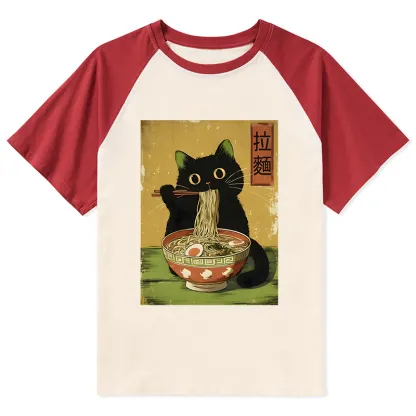 Tokyo-Tiger Vintage Japanese Cat Eating Ramen Raglan T-shirt