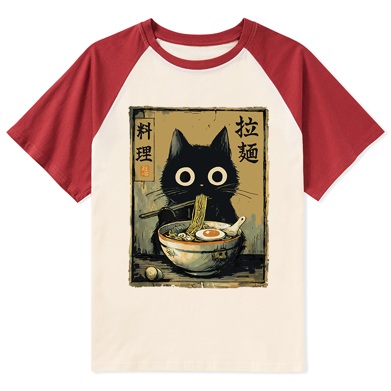 Tokyo-Tiger Cute Black Cat Eating Ramen Japan Raglan T-shirt