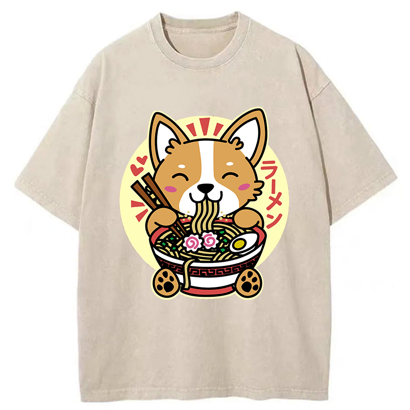 Tokyo-Tiger Corgi Eats Ramen Washed T-Shirt