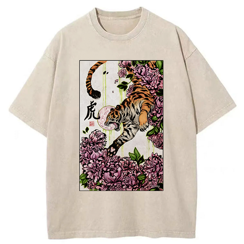 Tokyo-Tiger Tiger And Peony Washed T-Shirt