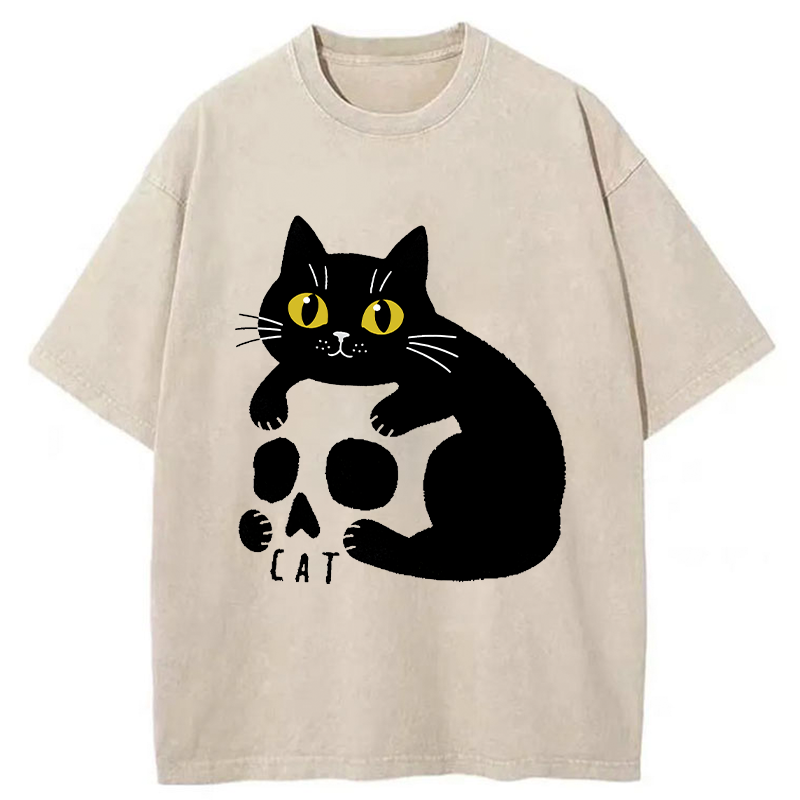 Tokyo-Tiger Cat And Skull Washed T-Shirt
