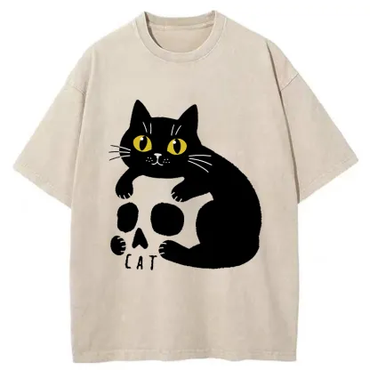 Tokyo-Tiger Cat And Skull Washed T-Shirt