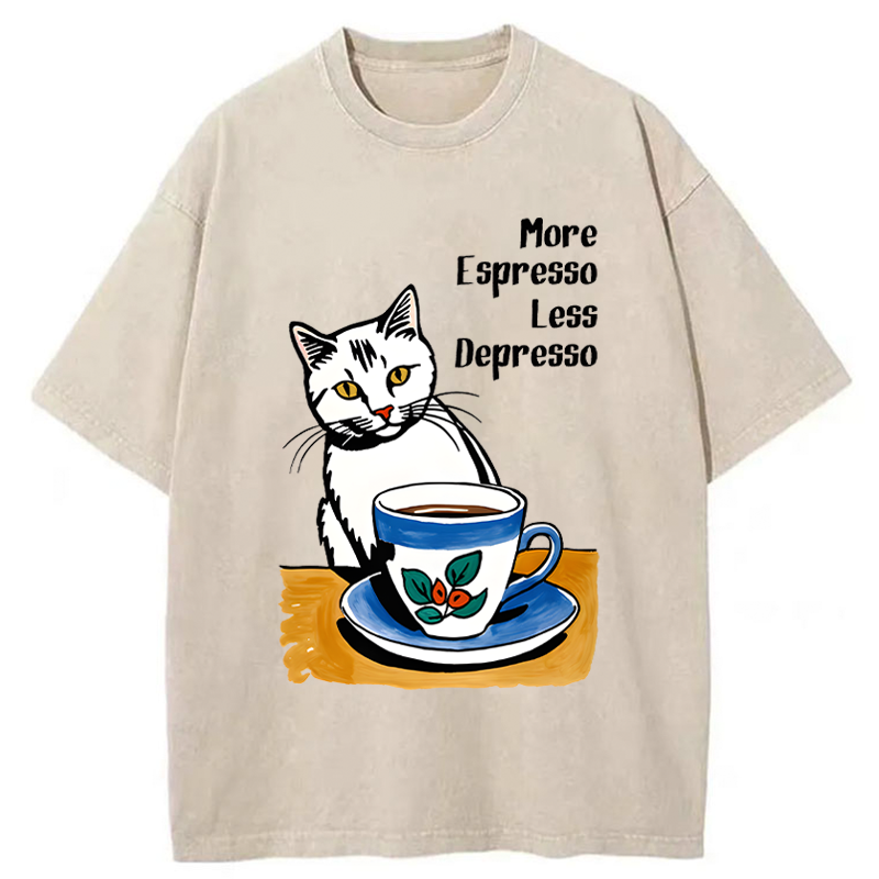 Tokyo-Tiger Cute Cat Drinking Coffee Washed T-Shirt