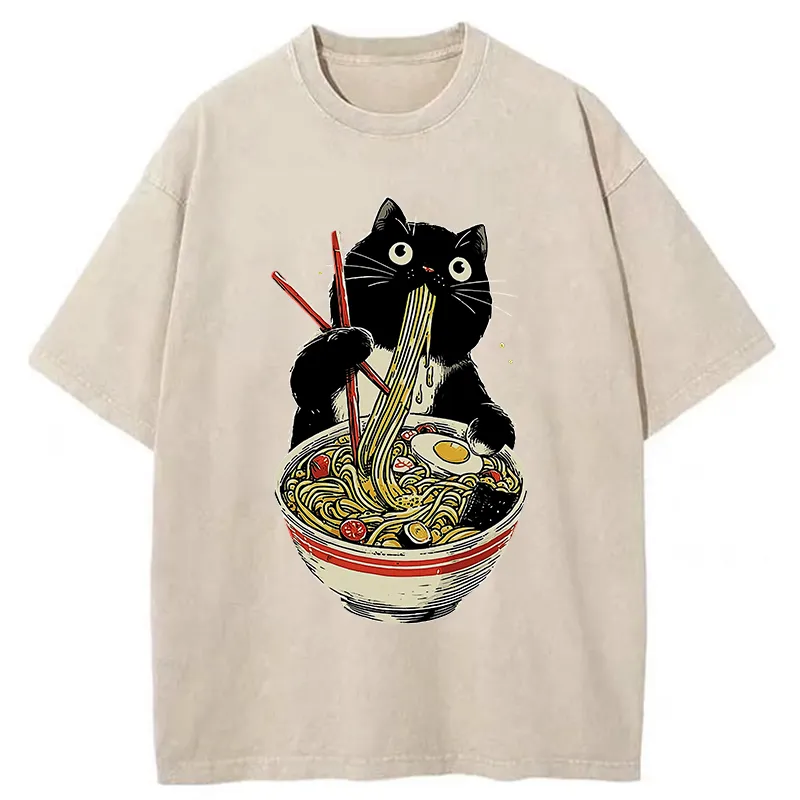 Tokyo-Tiger Black Cat Eats Ramen Japanese Washed T-Shirt