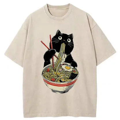 Tokyo-Tiger Black Cat Eats Ramen Japanese Washed T-Shirt