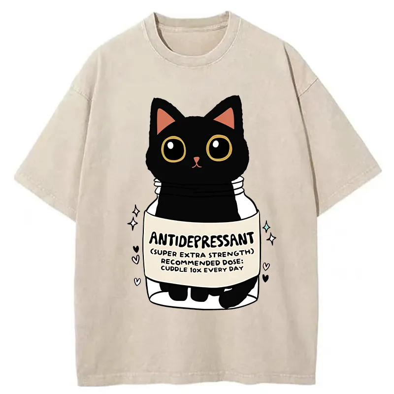 Tokyo-Tiger Antidepressant Black Cat Washed T-Shirt