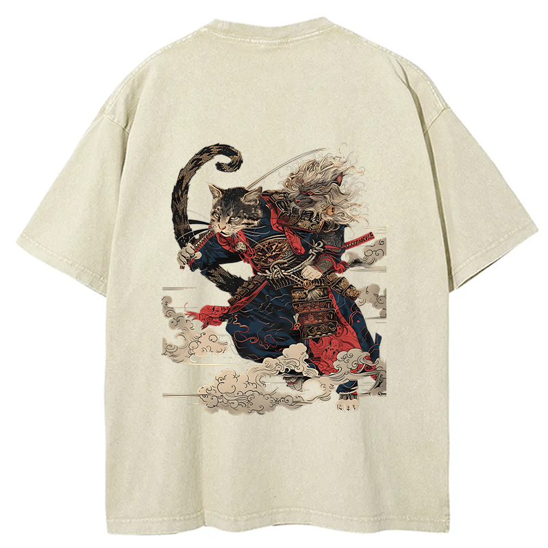 Tokyo-Tiger Gorgeous Samurai Cat Washed T-Shirt
