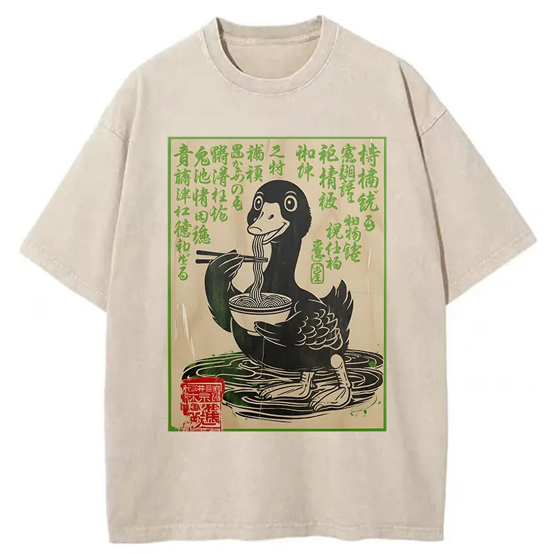 Tokyo-Tiger Retro Duck Eating Ramen Washed T-Shirt