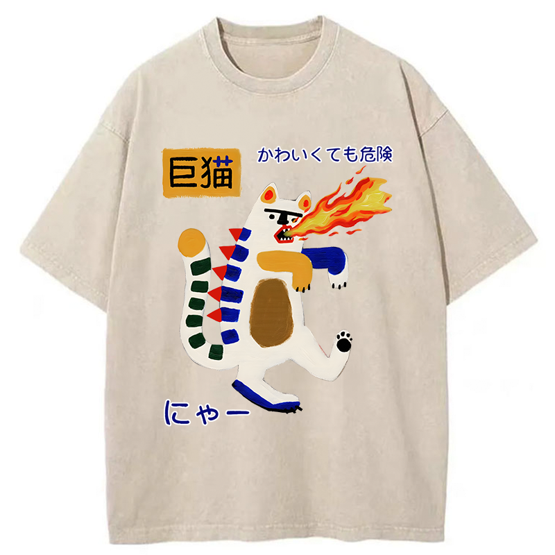Tokyo-Tiger Fire-breathing Giant Cat Washed T-Shirt