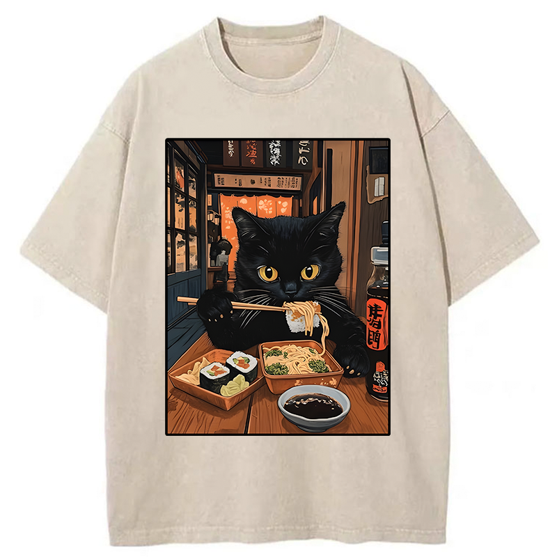 Tokyo-Tiger Black Cat Eating At Sushi Restaurant Washed T-Shirt