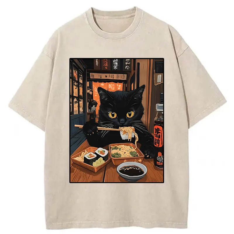 Tokyo-Tiger Black Cat Eating At Sushi Restaurant Washed T-Shirt