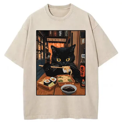Tokyo-Tiger Black Cat Eating At Sushi Restaurant Washed T-Shirt