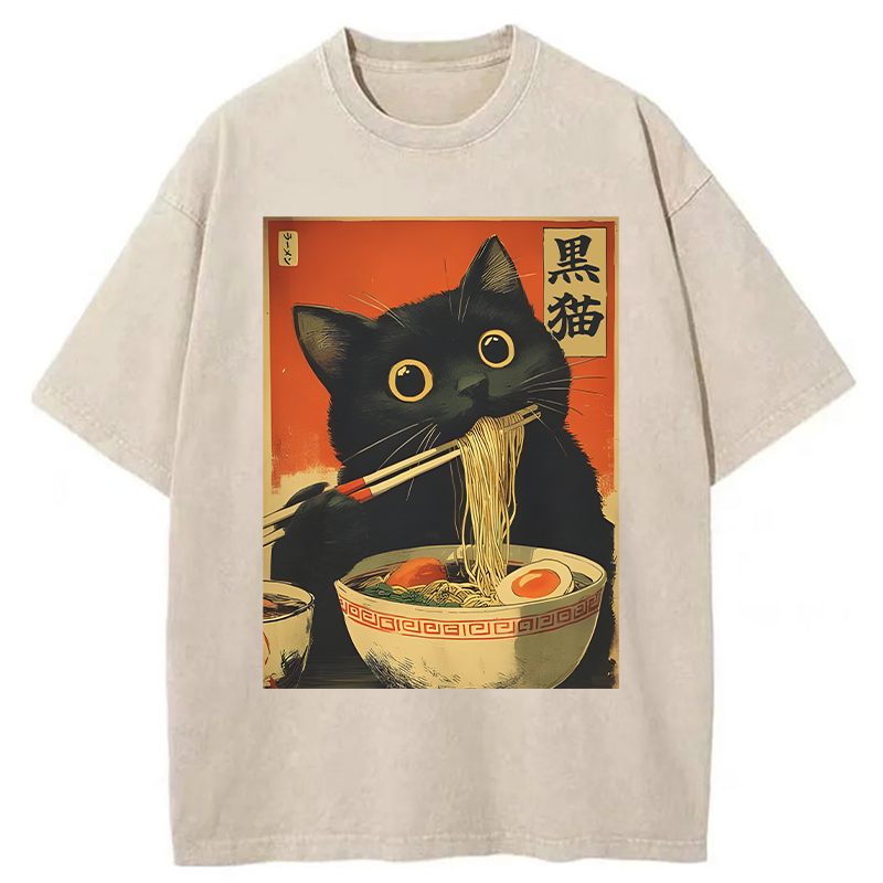 Tokyo-Tiger Black Cat Eats Japanese Ramen Retro Washed T-Shirt