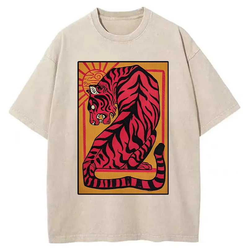 Tokyo-Tiger Powerful Tiger Woodcut Print Washed T-Shirt