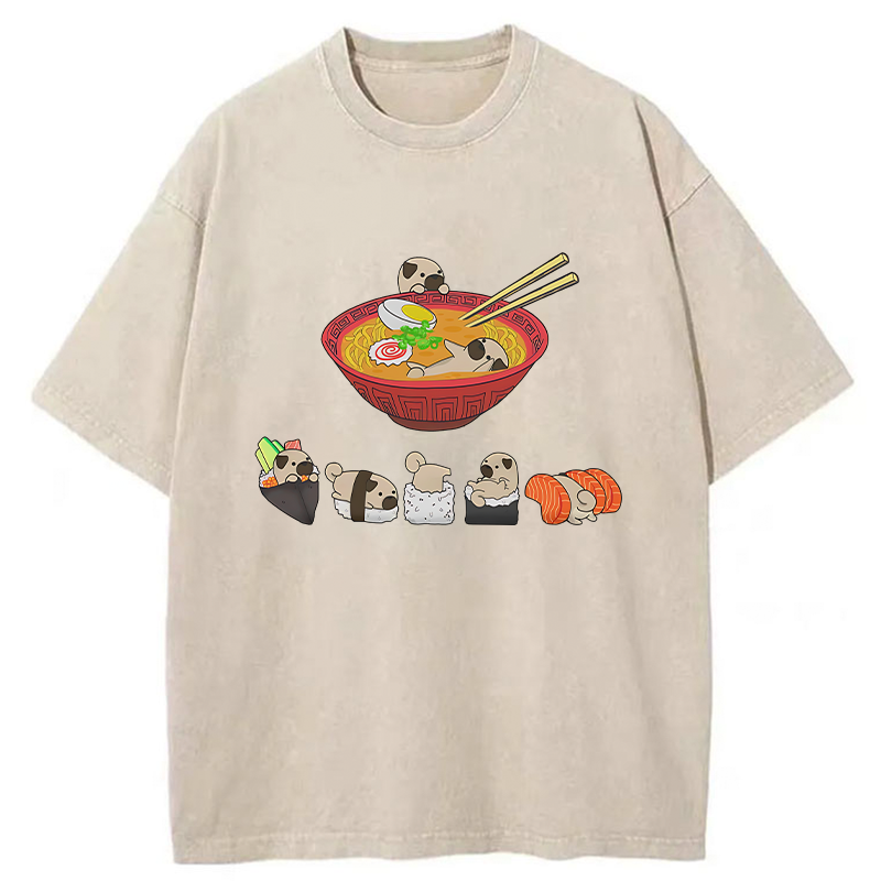Tokyo-Tiger Pug Dog And Japanese Foods Washed T-Shirt