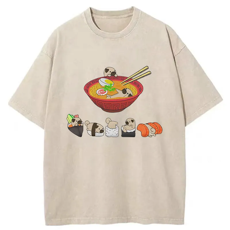 Tokyo-Tiger Pug Dog And Japanese Foods Washed T-Shirt