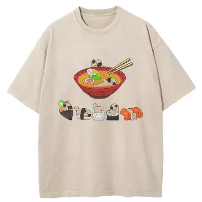 Tokyo-Tiger Pug Dog And Japanese Foods Washed T-Shirt