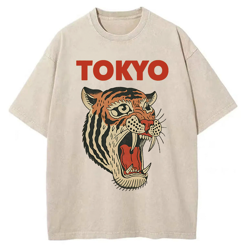 Tokyo-Tiger Retro Ukiyo-e Tiger Washed T-Shirt