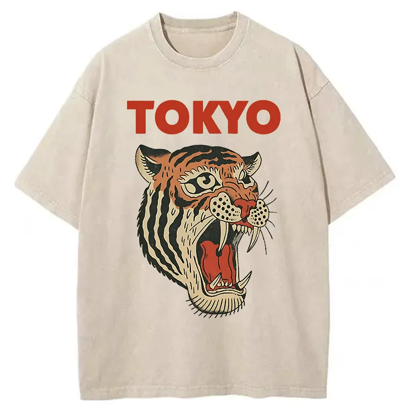 Tokyo-Tiger Retro Ukiyo-e Tiger Washed T-Shirt