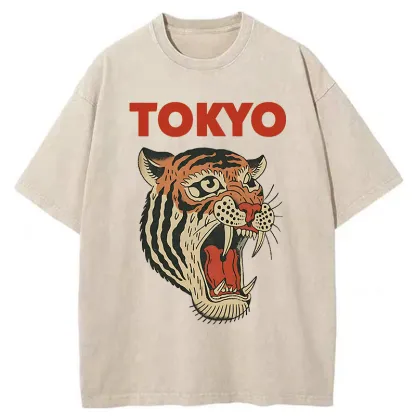 Tokyo-Tiger Retro Ukiyo-e Tiger Washed T-Shirt