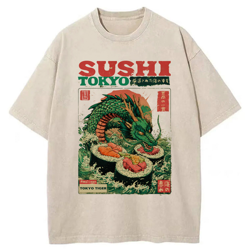 Tokyo-Tiger Ocean Dragon Sushi Washed T-Shirt