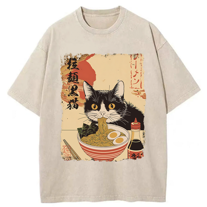 Tokyo-Tiger Black Cat Eats Ramen Japan Retro Washed T-Shirt
