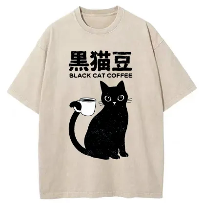 Tokyo-Tiger Black Cat And Coffee Washed T-Shirt