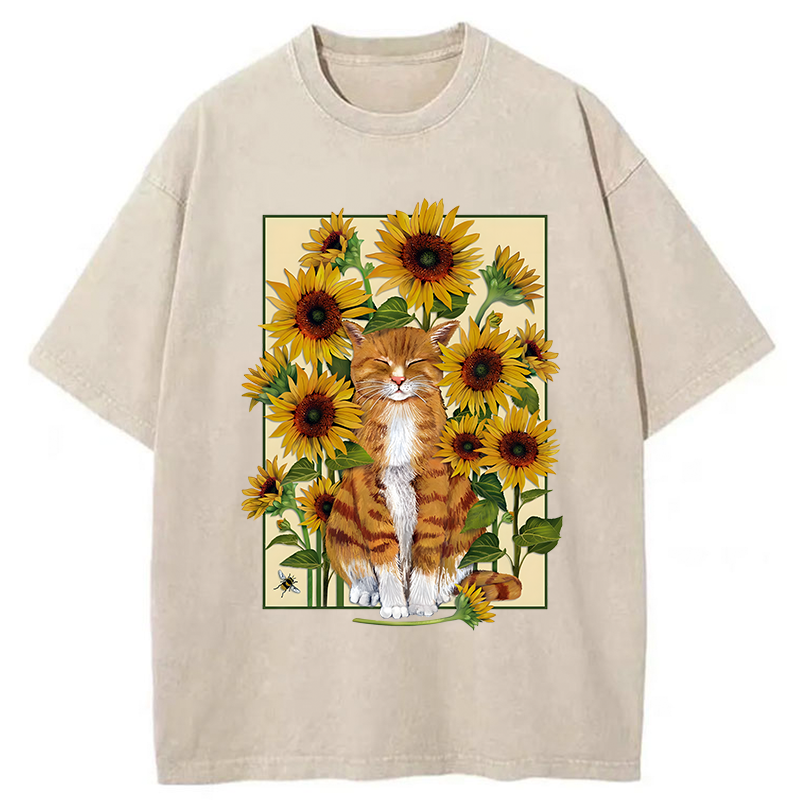 Tokyo-Tiger Sunflower And Orange Cat Washed T-Shirt
