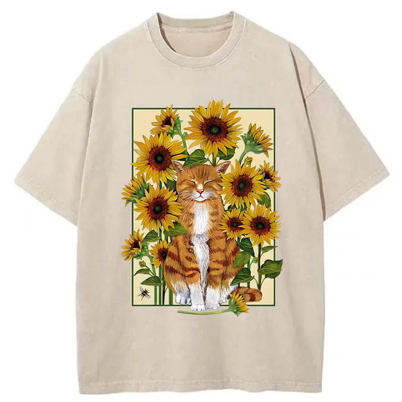 Tokyo-Tiger Sunflower And Orange Cat Washed T-Shirt