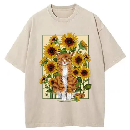 Tokyo-Tiger Sunflower And Orange Cat Washed T-Shirt