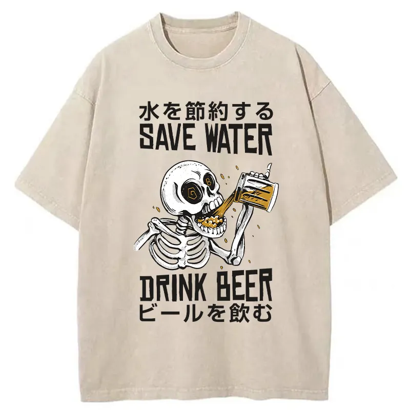 Tokyo-Tiger Save Water Drink Beer Washed T-Shirt