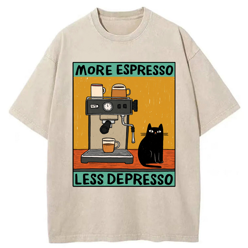 Tokyo-Tiger More Espresso Less Depresso Cat Washed T-Shirt