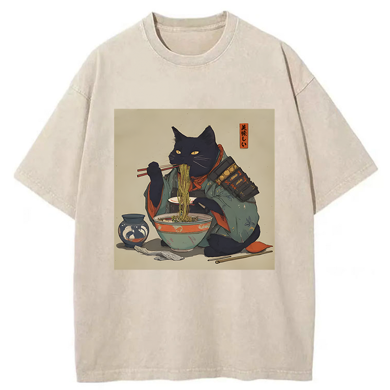 Tokyo-Tiger Cat Warrior Eating Ramen Washed T-Shirt