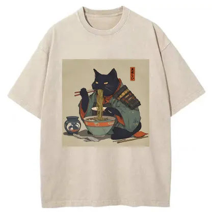 Tokyo-Tiger Cat Warrior Eating Ramen Washed T-Shirt