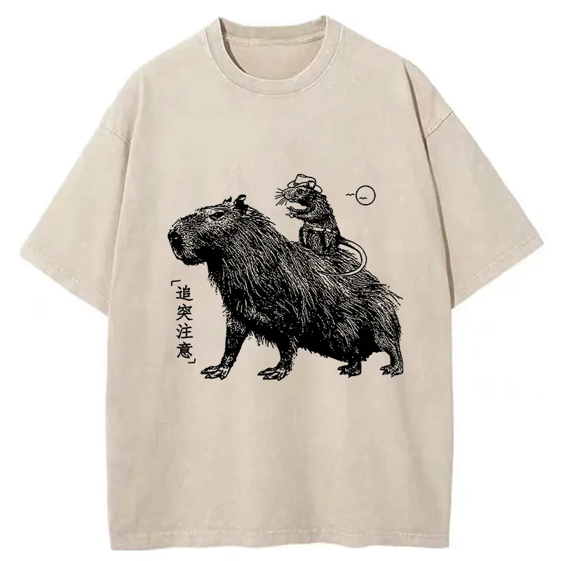 Tokyo-Tiger Mouse Riding A Capybara Washed T-Shirt Sale