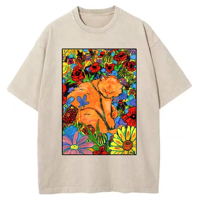 Tokyo-Tiger Colorful Orange Cats And Flowers Washed T-Shirt