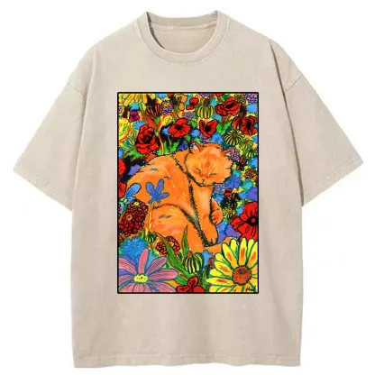 Tokyo-Tiger Colorful Orange Cats And Flowers Washed T-Shirt