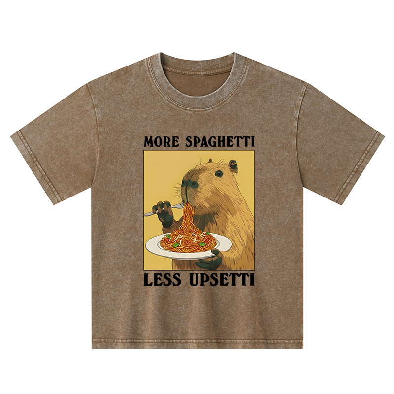 Tokyo-Tiger Capybara Eating Pasta Kids Washed T-Shirt