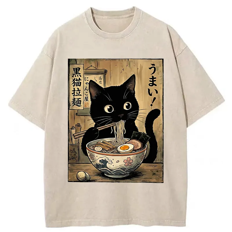 Tokyo-Tiger Black Cat Eats Delicious Japanese Ramen Washed T-Shirt