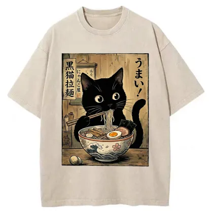 Tokyo-Tiger Black Cat Eats Delicious Japanese Ramen Washed T-Shirt