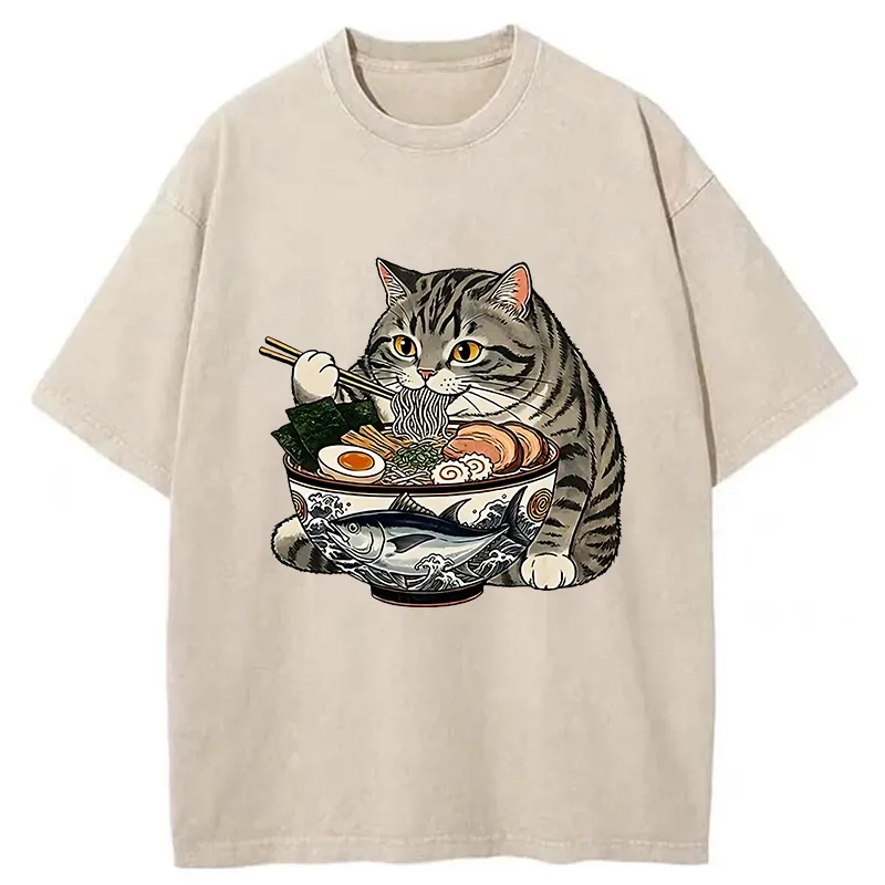 Tokyo-Tiger Fat Cat Eats Delicious Japanese Ramen Washed T-Shirt Sale
